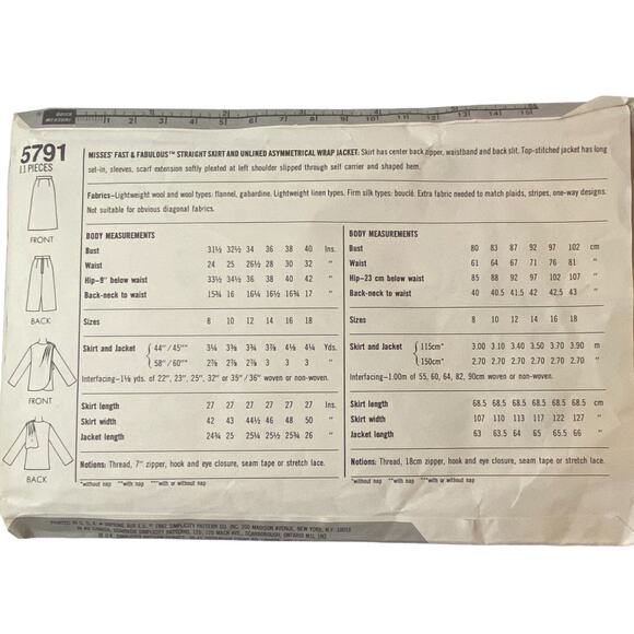 Simplicity 5791 Skirt Jacket Pattern Miss 8-18 Tulip Hem Unlined Straight Wrap - Picture 4 of 5